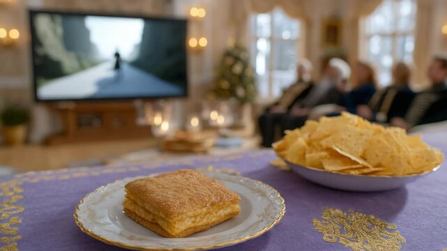 Snack Time with TV: Capturing a cozy scene, a freshly baked pastry and crispy chips sit ready, the focus of the view, with the TV in the background and people enjoying the atmosphere.