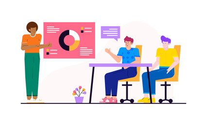 Man presenting pie chart to coworkers. Suitable for business presentations, statistical analysis discussions, corporate meetings, data visualization concepts.
