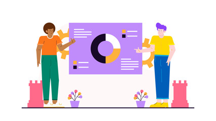 Two men presenting a pie chart on a purple board, suitable for business presentations, financial reports, teamwork concepts, and collaboration themes.