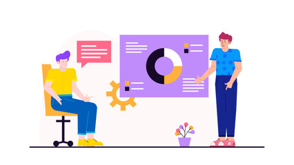 Two people discussing a pie chart on a purple board. Suitable for business presentations, data analysis, team meetings, and marketing reports.