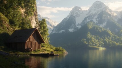 Serene mountain lake scene with wooden chalet.