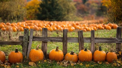 Autumnal pumpkins lined up behind a rustic wooden fence.