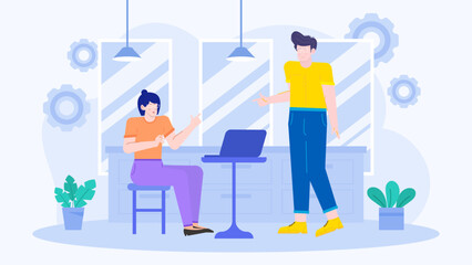 Two people discussing laptop in office setting, perfect for business presentations, technology blogs, workplace communication, and office themed designs.