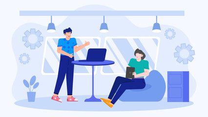 Two people in an office with a table and laptop; suitable for business, workplace, office, teamwork, computer, technology visuals.