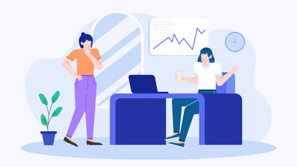 Two women discussing something in an office. Suitable for business communication or teamwork concepts in corporate presentations or websites.