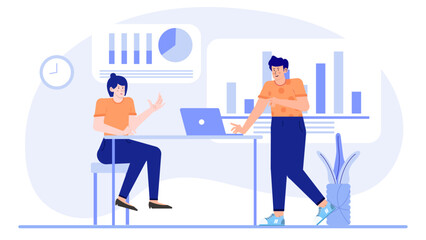 Businesswoman and businessman discussing data presented in graphs at a desk, ideal for corporate presentations and financial reports. Analysis teamwork collaboration.