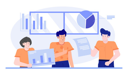 Three people presenting charts and data, suitable for business presentations, financial reports, market analysis, teamwork concepts, and professional pitches.