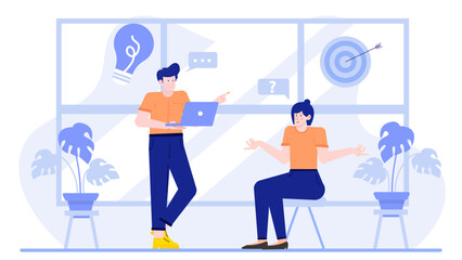 Two people collaborating on a project using a laptop and surrounded by green plants. Ideal for business discussions and teamwork concepts.