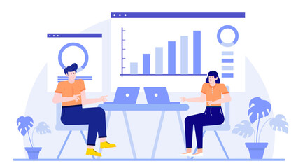 Two people analyzing a graph at a desk. Suitable for business presentations, financial reports, teamwork concepts, and brainstorming sessions.