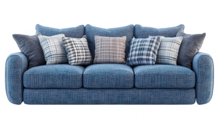 Blue sofa with pillows on a PNG transparent background