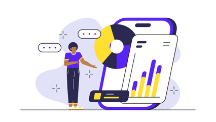 Man in a purple shirt points to a phone with graphs and pie charts, ideal for business presentations and technology concepts. Engaging visual for digital marketing materials.