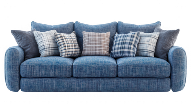 Blue sofa with pillows on a PNG transparent background