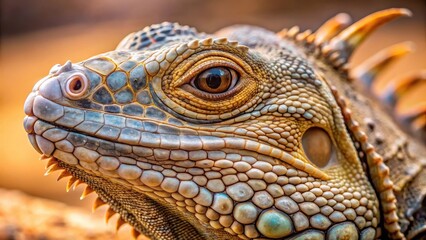 Fototapeta premium Close-up of Iguana's scaly skin with intricate patterns and colors in the arid desert environment as it slowly blinks its beady eyes, close up, desert habitat