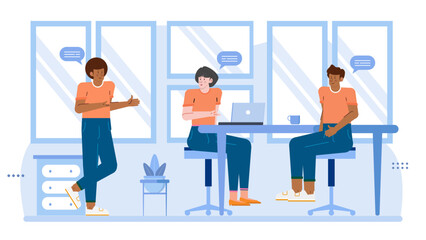 Three people having a meeting at a table. Suitable for business, teamwork, collaboration, discussion, office, work environment concepts.