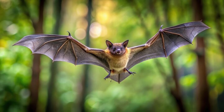 Flying Pipistrelle bat in natural forest background, insectivorous bats