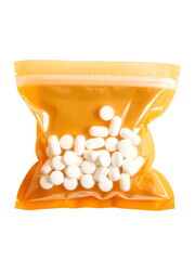 A brown plastic bag containing medicine from a hospital with white pills inside. On an isolated transparent background,