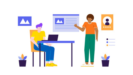 Two men discussing business in a modern office setting with green plants. Suitable for corporate communication or workplace related designs.