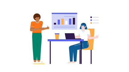 Coworkers discussing work. Team collaboration, brainstorming, project management, business meeting concept. Suitable for business presentations, websites, and social media.