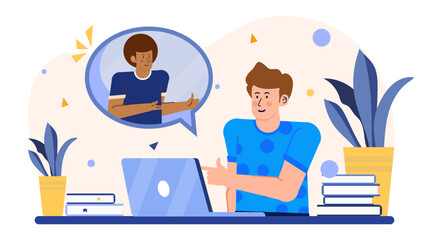 Man video chatting with friend on laptop. Suitable for promoting technology, communication, and staying connected with loved ones from afar.