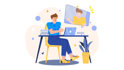 Man video chatting with another man on laptop; suitable for technology, communication, online meetings, work from home, virtual conversation concepts.