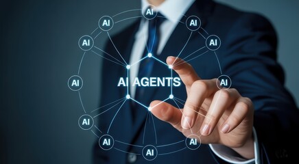 Fototapeta premium Businessman Interacting with AI Agents Technology Concept Graphic
