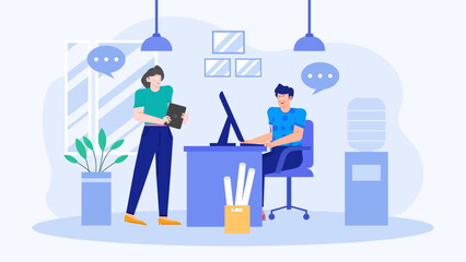 Title Two people working in an office. Suitable for business presentations, corporate blogs, websites, office related marketing materials.