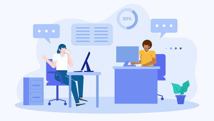 Blue office with two people working on computers, great for business presentations, office themed designs, websites, and technology related projects.