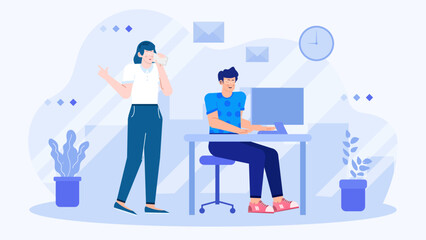 Man working on a computer and a woman talking on a phone. Suitable for business, technology, communication, telecommuting, multitasking concepts.