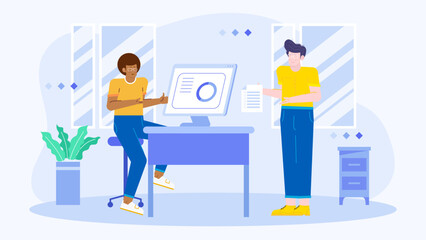 Two people in office, looking at computer screen. Suitable for technology, business, communication, teamwork concepts in marketing materials.