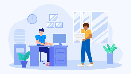 Man delivers pizza to an office worker; perfect for business blogs, food delivery services. Hunger, work, office, lunch, meal, office culture.