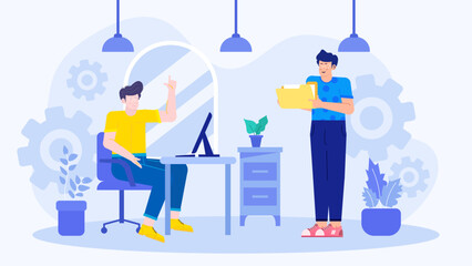 Two men working in an office with a computer and file. Suitable for business presentations, office related designs, teamwork themes.