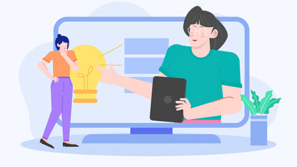 Two women brainstorming ideas with a lightbulb displayed on a computer screen. Perfect for tech or teamwork concepts.