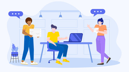 Three people working together in an office setting. Suitable for business presentations, teamwork concepts, and corporate website design.