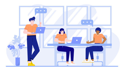 Three people working together at a desk with laptops and plants in a modern office setting. Suitable for business collaboration concepts.