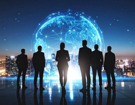 Business team gazing at a global network