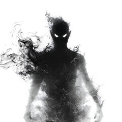 Fototapeta premium Shadow demon silhouette with piercing eyes and smoke-like body, mysterious entity isolated on white background