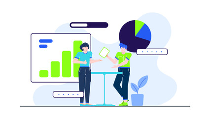 Two business professionals engaged in a conversation while analyzing data represented in a graph and pie chart. Suitable for business presentations.