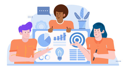 Team of professionals analyzing and discussing business data. Perfect for business presentations, marketing materials, corporate websites, and educational content.