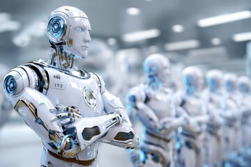 Fototapeta premium Futuristic humanoid robot standing confidently in a high-tech environment with other robots in the background, showcasing advanced technology and robotic design concepts.