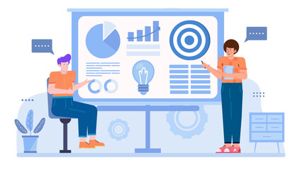 Two people analyzing charts and a lightbulb in a business presentation. Suitable for corporate, brainstorming, strategy concepts in designs.