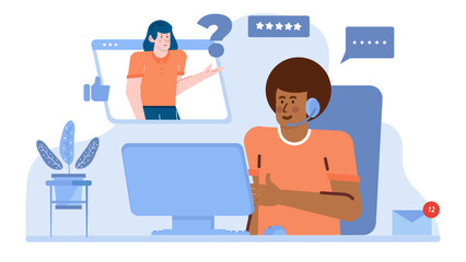 Man on video call with woman, surrounded by twelve new emails. Suitable for illustrating online communication, virtual meetings, and work from home concepts.