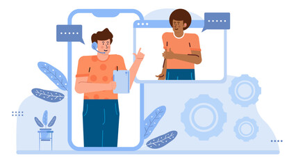 Two people engaged in a video call with imagery of gears and leaves, suitable for technology and environmental themed presentations or concepts.