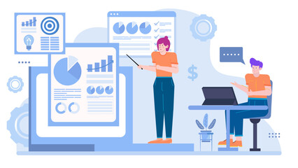 Two people discussing business strategy with charts, suitable for presentations, articles, and blog posts about entrepreneurship and business planning.
