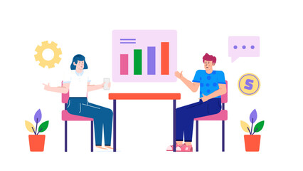 Two people seated at a table analyzing a bar graph together. Business meeting, data analysis, teamwork, discussing financial strategy concepts.
