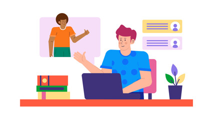 Man with pink hair video chatting man in orange shirt. Suitable for virtual communication, online meetings, modern technology concepts.