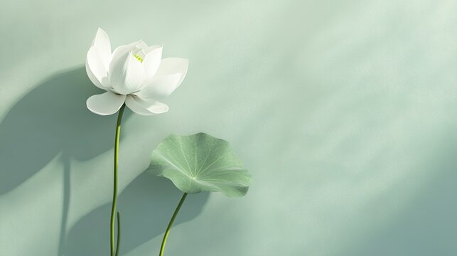 White lotus flower and leaf on green background with sunlight shadow.