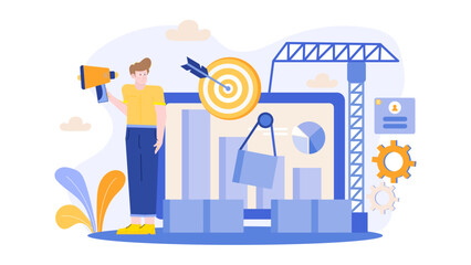 Man holds megaphone near construction site; ideal for marketing, protest, announcement themes in business, social movements, or construction industry.