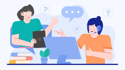 Two people puzzled with question marks hovering above. Perfect for illustrating confusion, uncertainty, decision-making, inquiry, or doubt in various concepts.