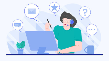 Woman providing customer service with computer and headset. Suitable for business, call center, online support, and remote work concepts.