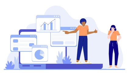 Person explaining a website to another person. Suitable for technology or education concepts in blogs, articles, or social media posts.